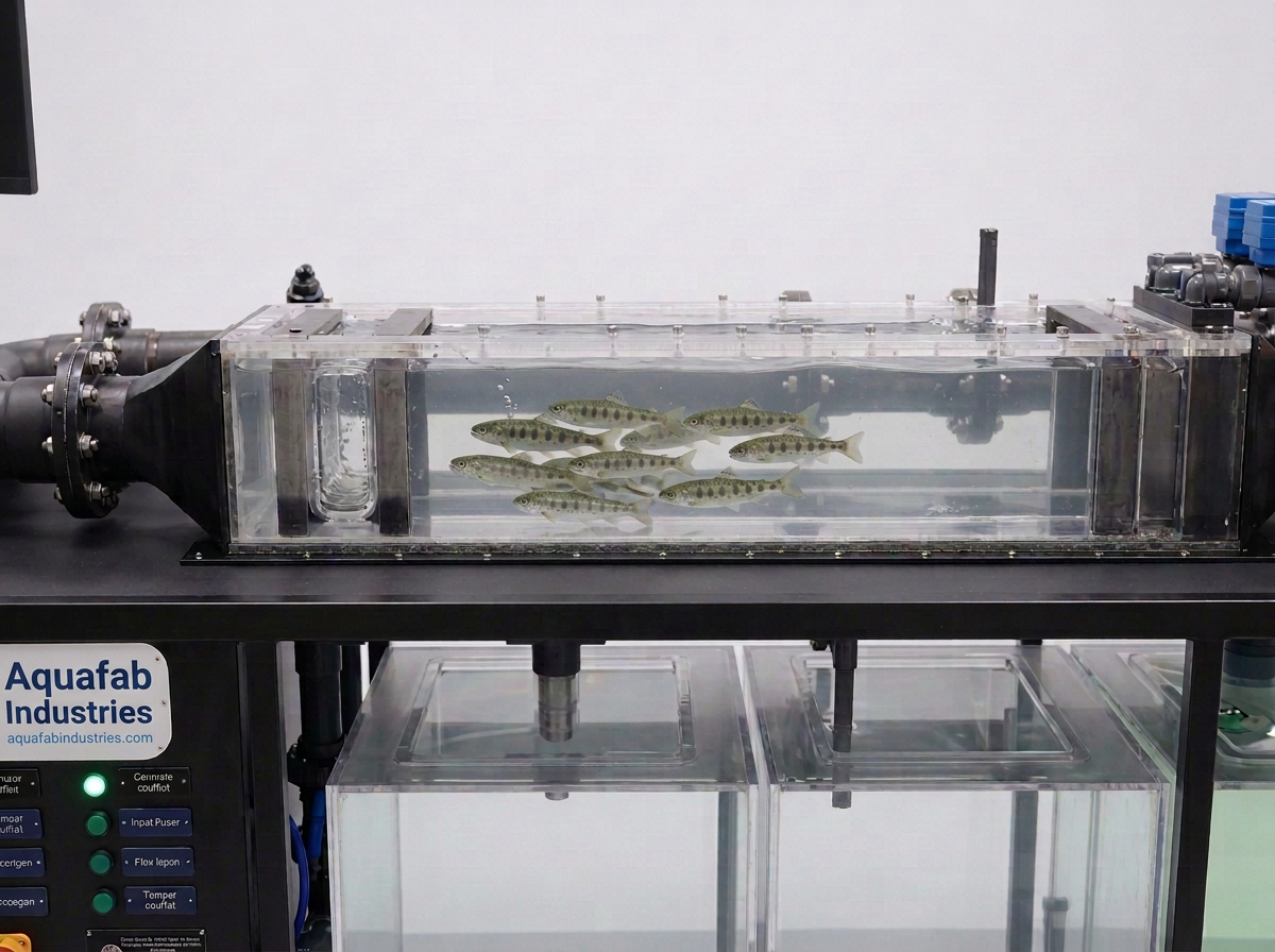 School of juvenile salmonids swimming in an Aquafab respirometry swim tunnel