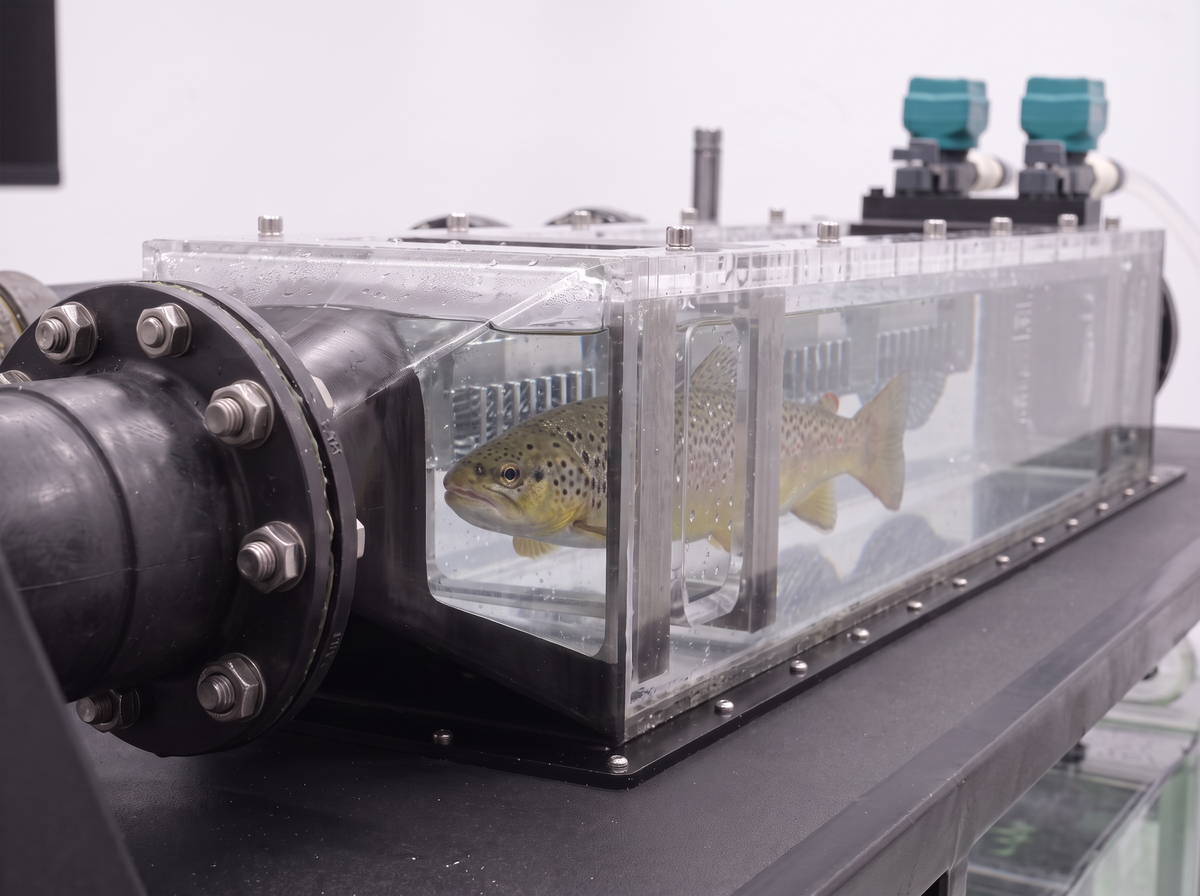 Brown trout holding position in an Aquafab swim tunnel test section