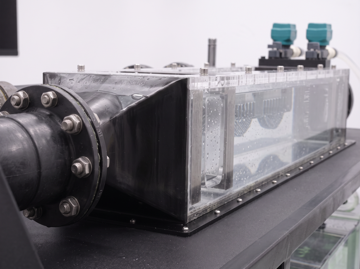 Close-up of an acrylic respirometry swim tunnel with flush valves
