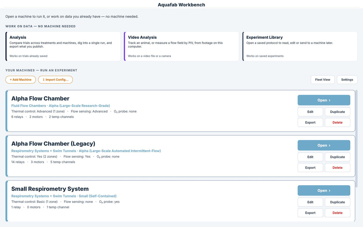 The Aquafab Workbench start screen with machines and data tools